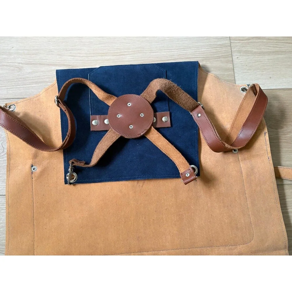Blue Suede Leather Apron Adjustable Crossback Straps Chef Grilling Workshop